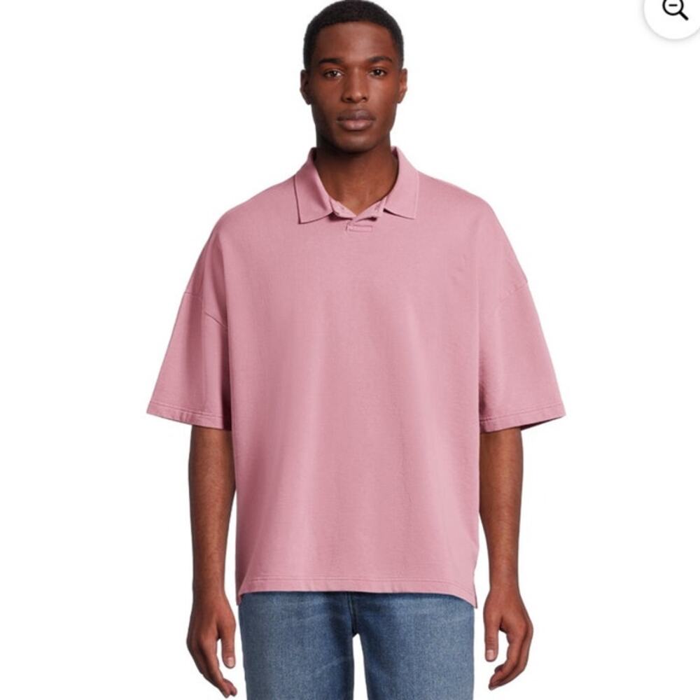 No Boundaries Mens Oversized French Terry Polo Shirt, Size Large Pink NEW Cotton